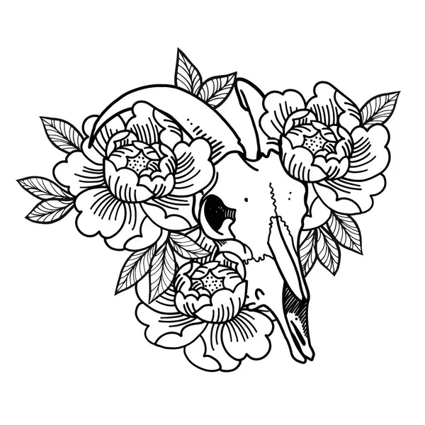 Rose Tattoo met schedel. Schedel van een schaap. Hoorns. Traditionele zwarte stip stijl inkt. — Stockvector