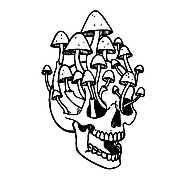 Skull tattoo with mushrooms. Traditional black dot style ink. — Stock Vector