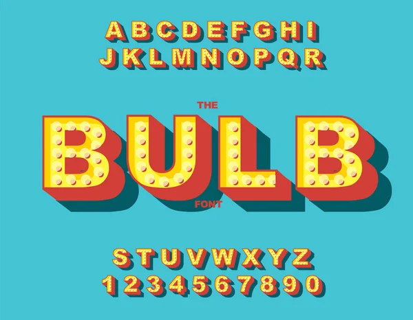 Retro-Glühbirne helles Alphabet. Vektor der modernen fetten Schrift und des Alphabets. Jahrgangsbuchstabenvektor. — Stockvektor