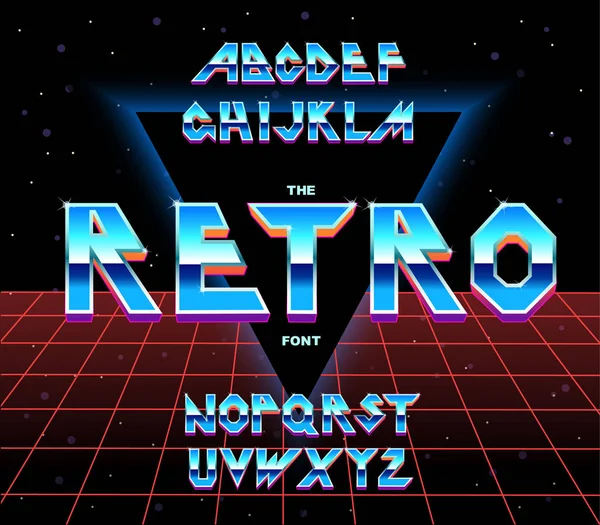 Alfabeto 80 s retro fonte. Tipografia vetorial para folhetos, cartazes. Efeito de ferro letras brilhantes . — Vetor de Stock