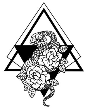 Güllü dövme ve kutsal geometri çerçeveli yılan. Güller izole vektör illüstrasyonu.