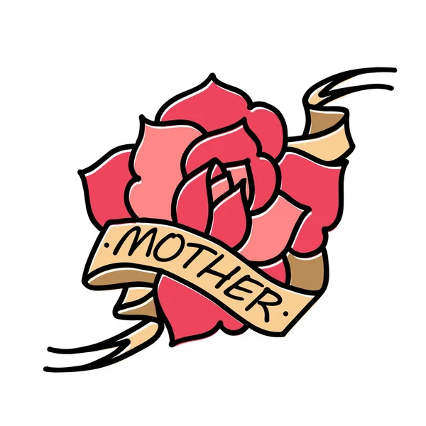 Tatuaje rosa con cinta y palabra mamá y madre. Arte de ilustración vectorial . — Vector de stock