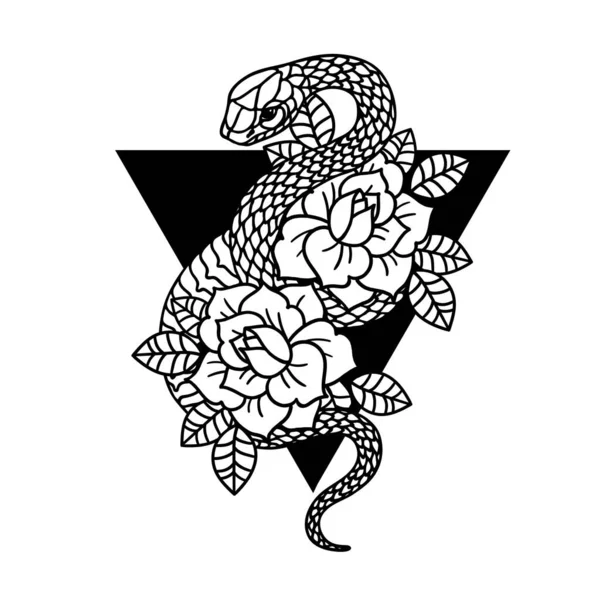 Tatuaje con rosa y serpiente con marco de geometría sagrada. Rosas Ilustración vectorial aislada . — Vector de stock