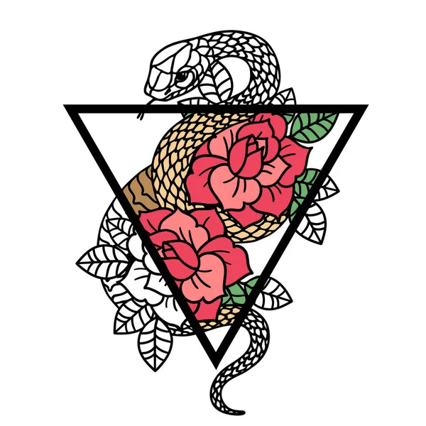Tatuaje con rosa y serpiente con marco de geometría sagrada. Rosas Ilustración vectorial aislada . — Vector de stock