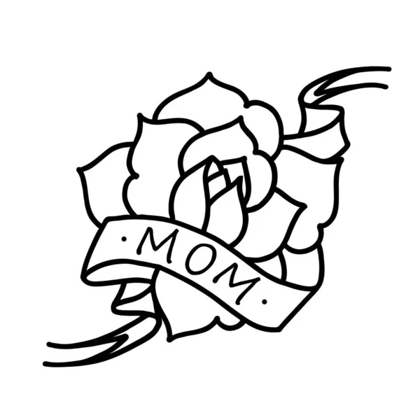 Tatuaje rosa con cinta y palabra mamá y madre. Arte de ilustración vectorial . — Vector de stock