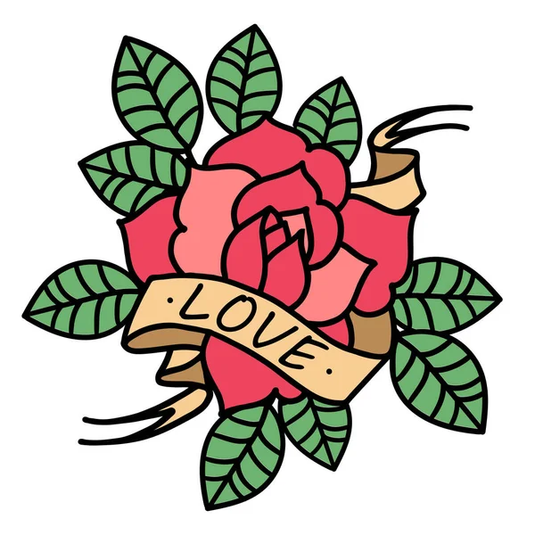 Tatuaje rosa con cinta y palabra Love. Ilustración vectorial art. Grabado vintage . — Vector de stock