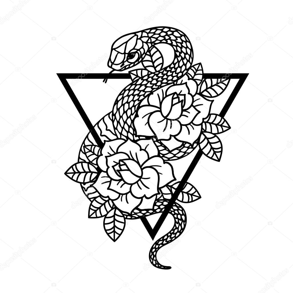 Tattoo with rose and snake with sacred geometry frame. Roses Isolated vector illustration.
