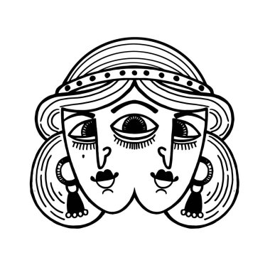 Sihirli gerçeküstü bir kızla üç gözlü bir dövme. İki kafalı kadının güzel detaylı portresi..