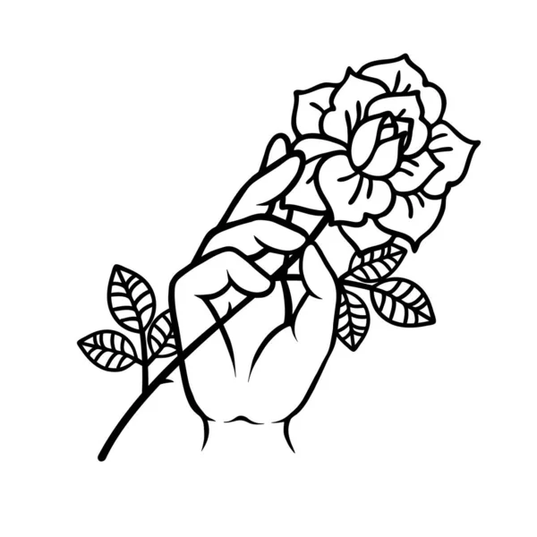 Tatuaje rosa con mano. Tinta de tilo negro tradicional. — Vector de stock