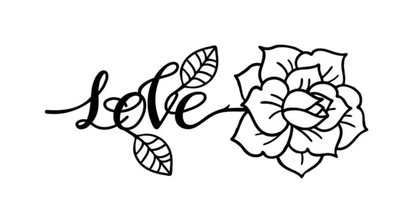 Tatuaż Rose flower.Tatuaż, mistyczny symbol ze słowem Miłość — Wektor stockowy