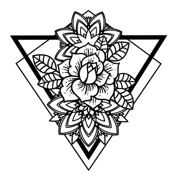 Rose Tattoo met koord van kralen met heilige geometrie frame. — Stockvector