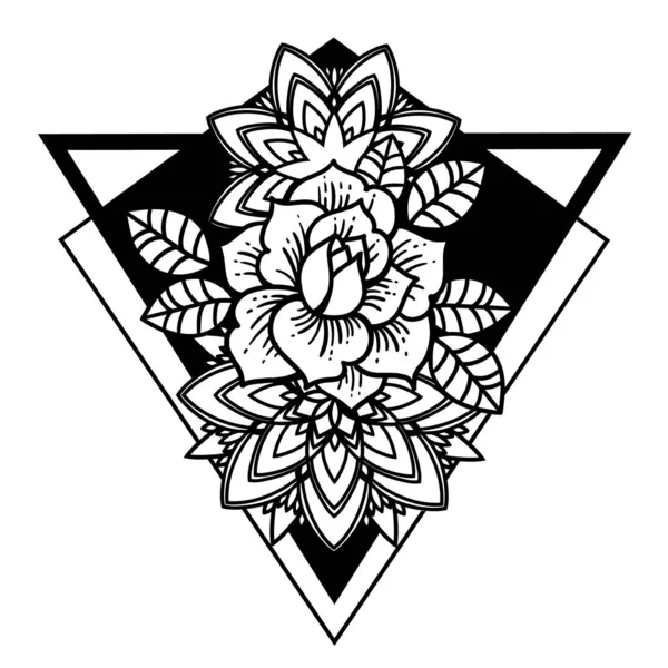 Rose Tattoo met koord van kralen met heilige geometrie frame. — Stockvector