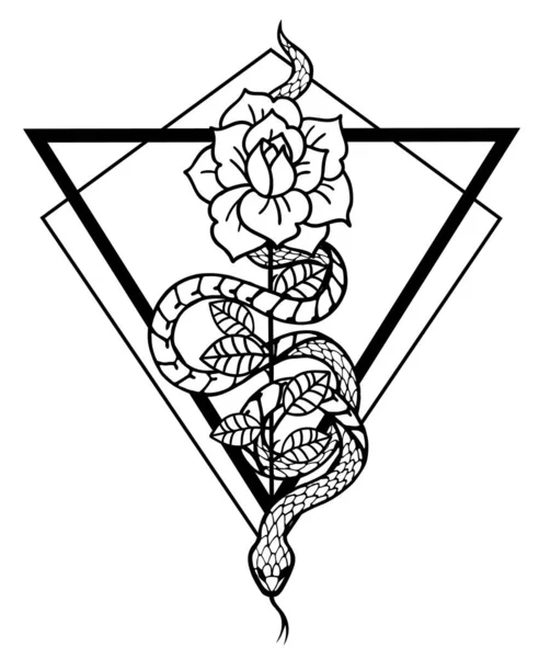 Tatoeage met roos en slang met heilig geometrisch frame. — Stockvector