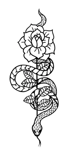 Gül ve yılanlı dövme. Geleneksel siyah mürekkep.