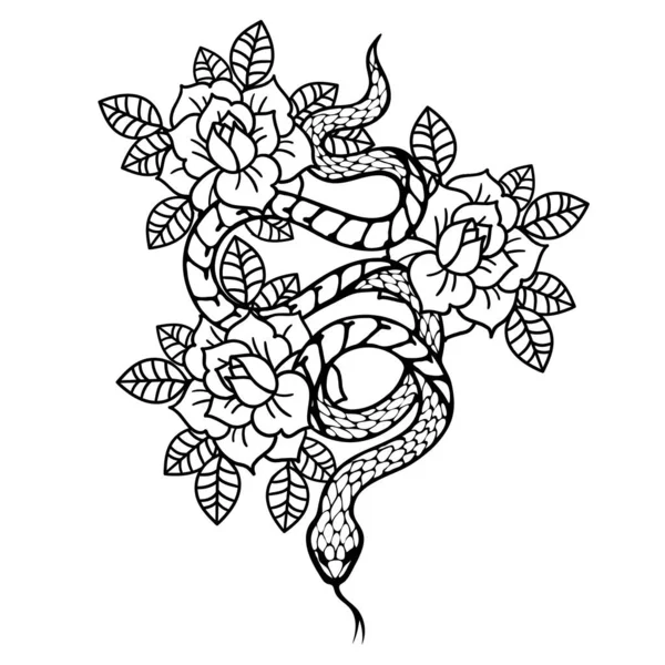 Tetování s růžemi a hadem. Tradiční černý inkoust. — Stockový vektor