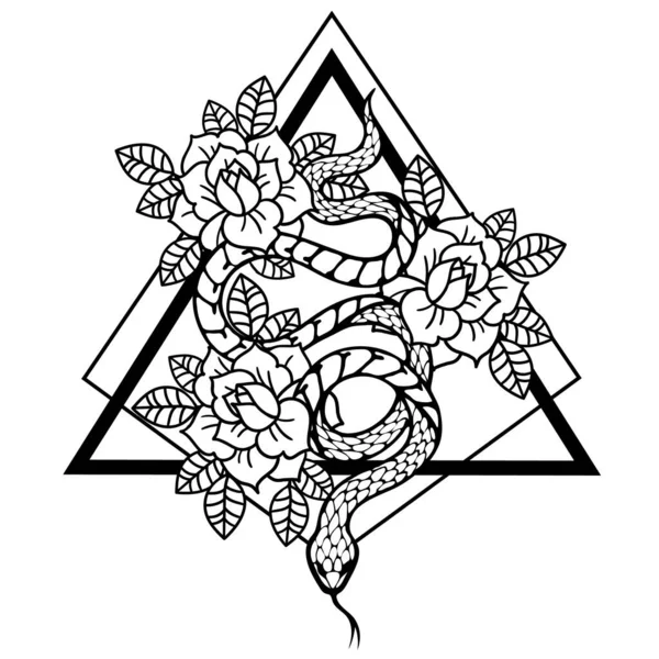 Tatuaje con rosa y serpiente con marco de geometría sagrada. — Vector de stock