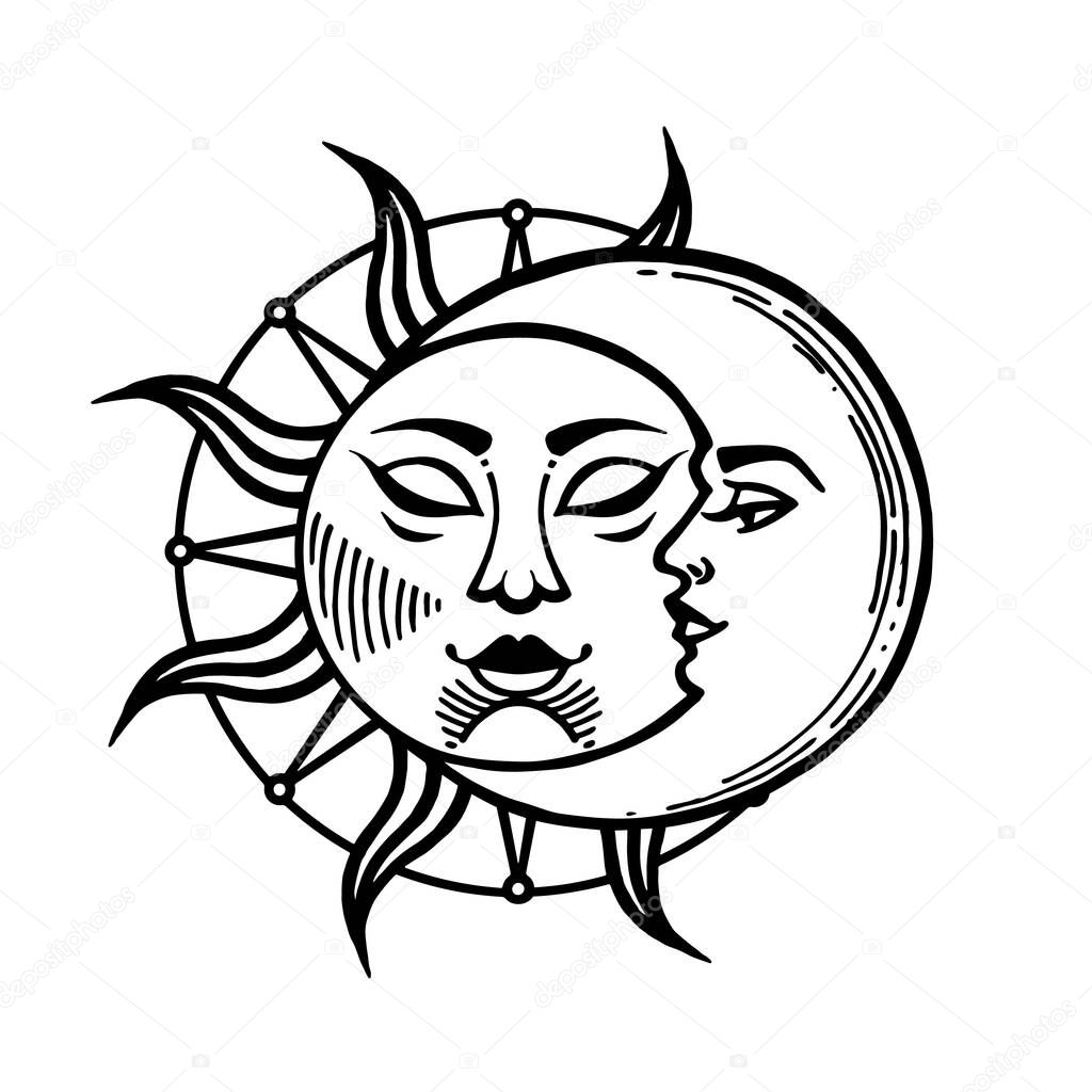 Moon and sun tattoo. Moon with face stylized as engraving.