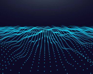 Akan parçacıkların olduğu soyut dijital manzara. Siber veya teknoloji arka planı. Vektör illüstrasyonu