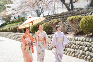 Three women in traditional Japanese clothing walk down a path, one of them holding an umbrella. The scene has a peaceful and serene mood, with the women walking together