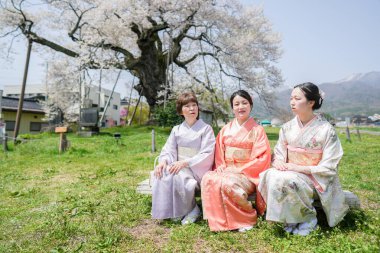 Three women in traditional Japanese clothing sit on a bench in a grassy field. The women are smiling and seem to be enjoying each other's company. The setting is peaceful and serene