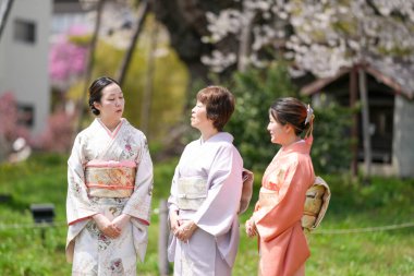Three women in traditional Japanese clothing are standing in a grassy field. They are all wearing different colored kimonos, and they appear to be admiring something in the distance