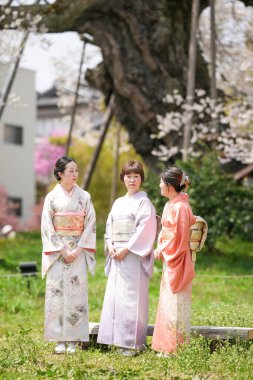 Three women in traditional Japanese clothing are standing in a grassy field. They are all wearing different colored kimonos, and they appear to be posing for a photo. The scene has a peaceful