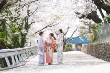 Three women in traditional Japanese clothing stand on a road, surrounded by cherry blossoms. Scene is serene and peaceful, as the women seem to be enjoying the beauty of the flowers and the moment