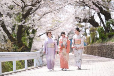 Three women in traditional Japanese clothing walk down a road. The women are carrying a baby and a handbag. The scene is peaceful and serene, with cherry blossoms in the background