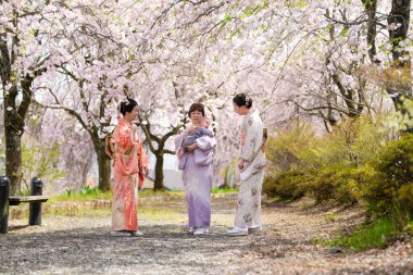 Geleneksel Japon elbiseli üç kadın kiraz çiçekleri ağaçlarının altında bir parkta duruyorlar. Kadınlardan biri bir bebek tutuyor. Huzurlu ve huzurlu bir sahne.
