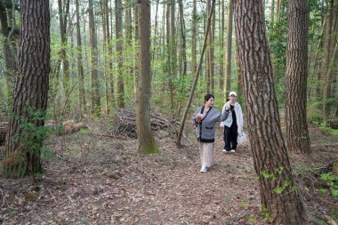 Ormanda yürüyen iki kadın. Bir tanesinin elinde kamera var.