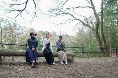 Parkta kütüğün üzerinde oturan üç kadın. İçlerinden biri şapka takıyor. Manzara huzurlu ve rahatlatıcı.