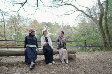 Parktaki bir kütükte üç kadın oturuyor. İçlerinden biri bir bebek tutuyor. Manzara huzurlu ve rahatlatıcı.