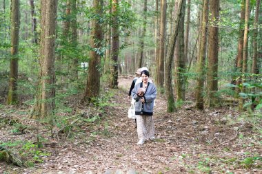 Kollarında bir bebekle ormanda yürüyen bir kadın. Manzara huzurlu ve huzurlu, kadın ve bebek doğada vakit geçirirken