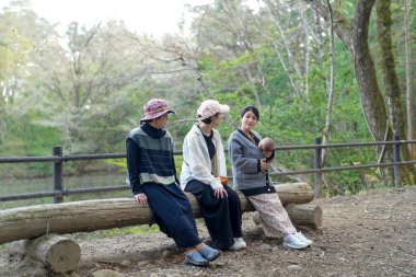 Üç kadın parkta bir kütüğe oturmuş, içlerinden biri bebek tutuyor. Manzara huzurlu ve rahatlatıcı, çünkü kadınlar birbirlerinin arkadaşlığından ve doğal çevreden hoşlanıyorlar.