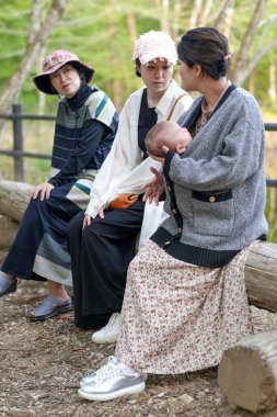 Üç kadın bir bankta oturuyor, biri bebeği tutuyor. Hepsi geleneksel kıyafetler giyiyorlar ve sahne doğal bir ortamda geçiyor. Kadınlar sohbete daldı.