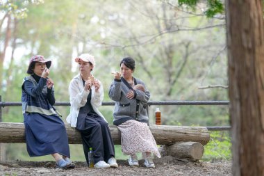 Parkta kütüğün üzerinde oturan üç kadın, içlerinden biri bebek tutuyor. Manzara huzurlu ve rahatlatıcı.