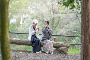 Parkta kütüğün üzerinde oturan iki kadın. İçlerinden biri bir bebek tutuyor. Manzara huzurlu ve rahatlatıcı.