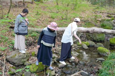 Üç kadın ormanda yürüyorlar, biri şapka takıyor. Bir derede yürüyorlar ve içlerinden biri suya bakıyor.
