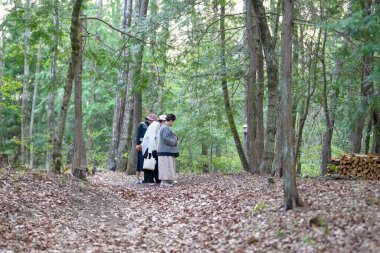 Bir grup insan beyaz elbiseli bir kadınla ormanda yürüyorlar. Sahne huzurlu ve huzurlu, bir grup insan doğadaki zamanlarının tadını çıkarıyor gibi görünüyor.
