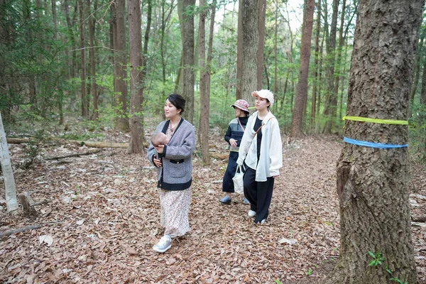Bir grup insan bir ormanda yürüyor, içlerinden biri bebek tutuyor. Sahne huzurlu ve huzurlu, çünkü grup doğadaki zamanlarından zevk alıyor gibi görünüyor.