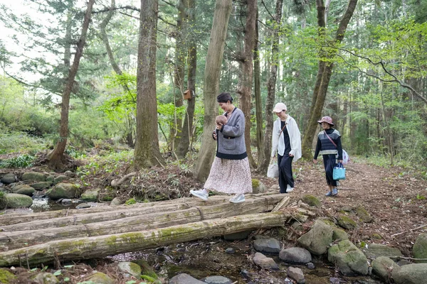 Bir grup insan bir ormandaki köprüden geçiyorlar. Sahne huzurlu ve huzurlu, çünkü grup doğadaki zamanlarından zevk alıyor gibi görünüyor.