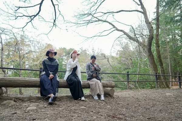 Parkta kütüğün üzerinde oturan üç kadın. İçlerinden biri şapka takıyor. Manzara huzurlu ve rahatlatıcı.