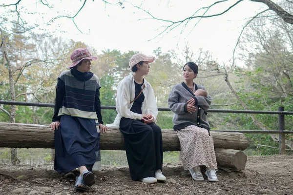 Üç kadın parkta bir kütüğe oturmuş, içlerinden biri bebek tutuyor. Manzara huzurlu ve rahatlatıcı, çünkü kadınlar doğal ortamda birbirlerine eşlik etmekten hoşlanıyorlar.