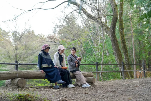 Ormandaki bir kütükte üç kadın oturuyor. İçlerinden biri bir bebek tutuyor.