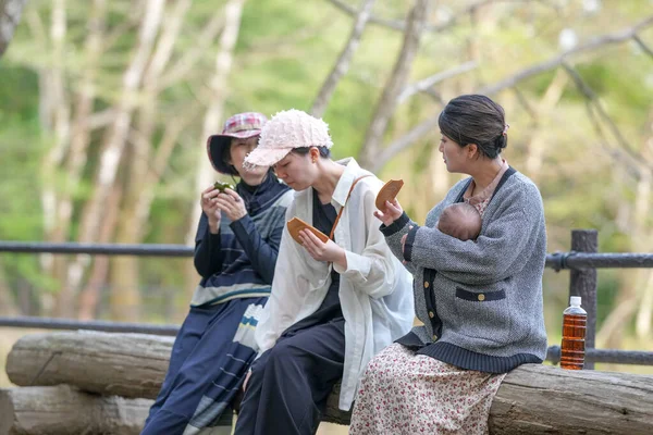 Üç kadın parkta bir kütükte oturmuş, yemek yiyor ve konuşuyorlar. Kadınlardan biri bir bebek tutuyor.
