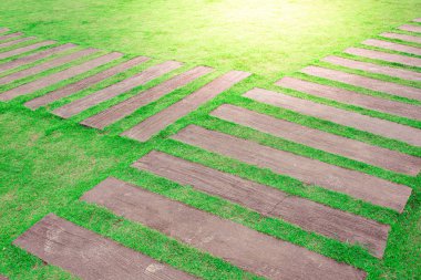 Çim bahçede ahşap yol