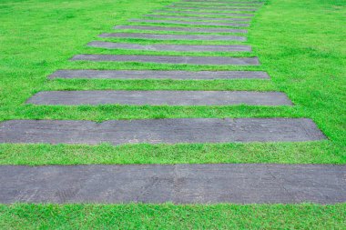 Çim bahçede ahşap yol