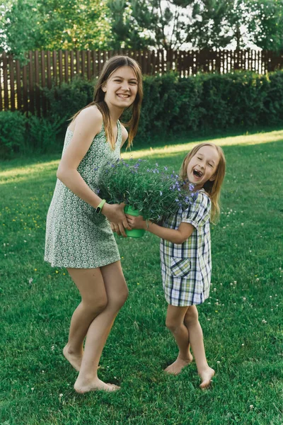 Две Милые Сестры Веселятся Свежем Воздухе Держат Цветы — стоковое фото