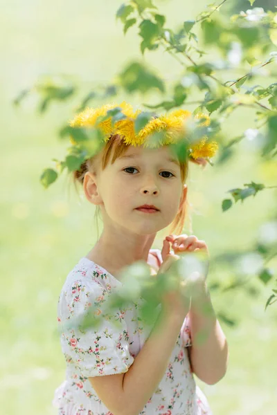 Little Cute Caucasian Girl Dandelion Wreath Garden — Stock Photo, Image