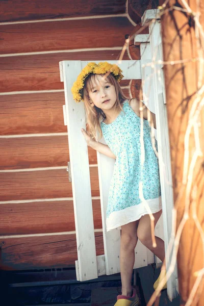 Retrato Pequena Menina Loira Caucasiana Com Coroa Dente Leão Posando — Fotografia de Stock